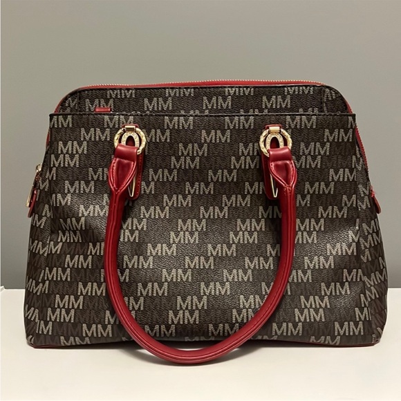 MKF brown and red faux leather initial print hand bag - Picture 1 of 16